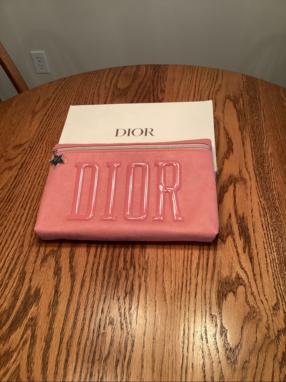 Dior Pink Embossed Logo Zip Pouch with Star Charm